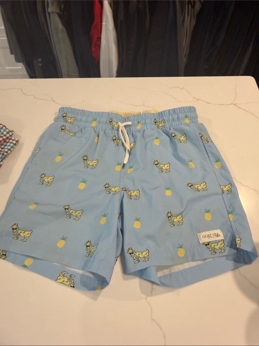 GOAT USA Light Blue Pineapple & Goat Print Swim Shorts youth XL